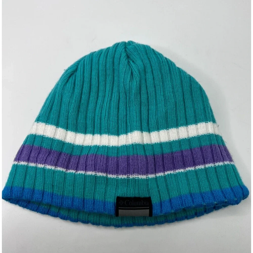 Columbia Knit Green Striped Beanie Winter Snow Hat Ski Cap Youth Unisex